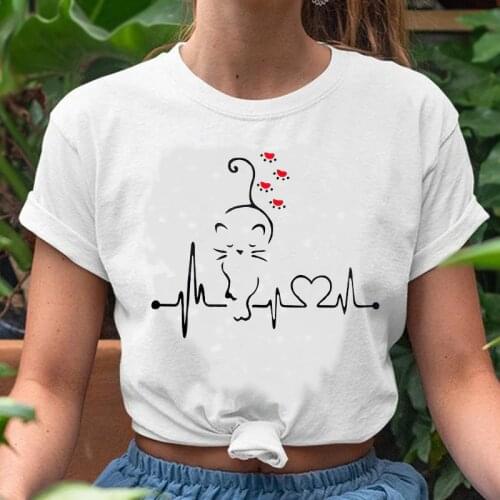 Women Lovely Love Cat Animal Short Sleeve 2021 Funny 90s Trend Spring Summer Print Sweet Tshirt Lady Clothes Tops Tees T-Shirt