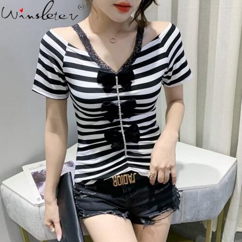 Summer European Style Cotton T-Shirt Fashion Sexy V-Neck Patchwork Lace Diamonds Bowknot Shiny Women Tops Tees New 2021 T13618A