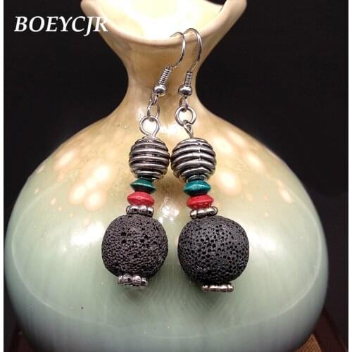 BOEYCJR Lava Stone Drop Earrings Handmade Fashion Jewelry Hook Natural Stone Dangle Earrings for Women Arete Oorbel