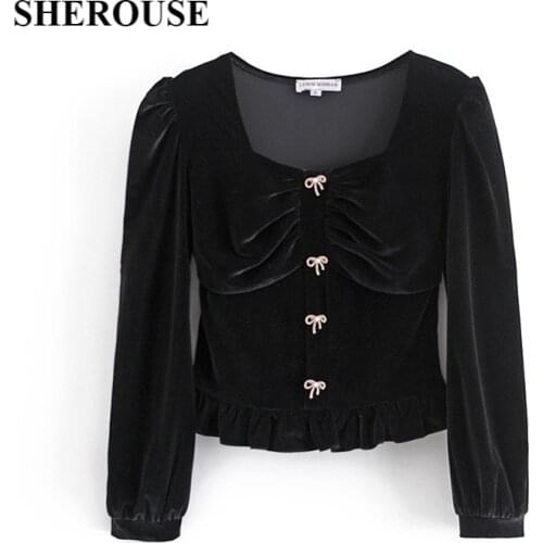 DUOPERI Women Fashion Solid Button Cropped Shirts Long Sleeve Square Collar Vintage Female Tops Chic Crop Top