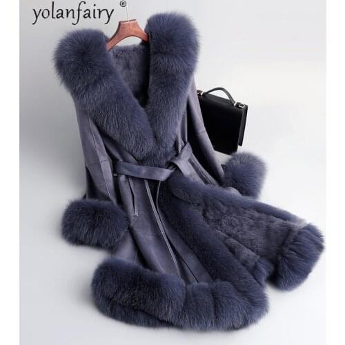 Womens Real Fur Coat Female Winter Jacket Big Fox Fur Collar Natural Rabbit Fur Liner Long Coat Women Luxury Parka 0255 KJ5208