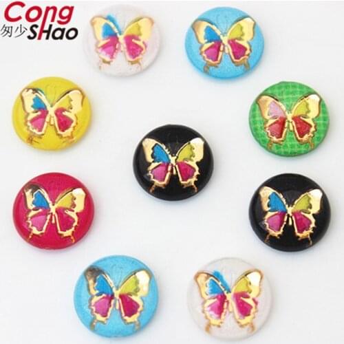 Cong Shao New 100pcs 10mm Round resin Colorful butterflies Flat back rhinestone appliques DIY For Wedding scrapbook craft 8Y484