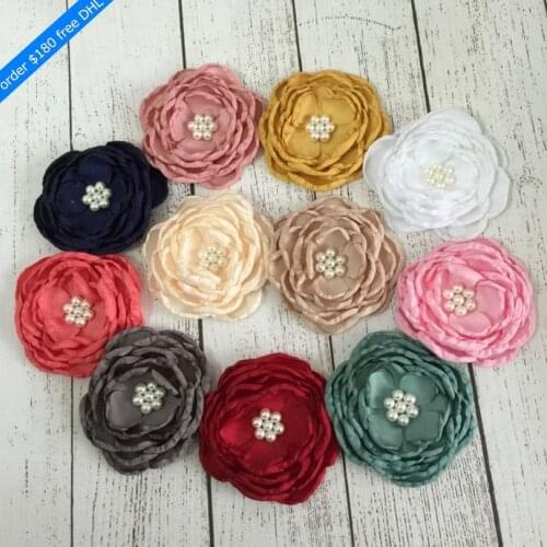 120pcs/lot 4" DIY Hair Clip Satin Flower Matching Pearls Layered Flower For Kids Girl Hair Accessory Fabric Flowers For Headband