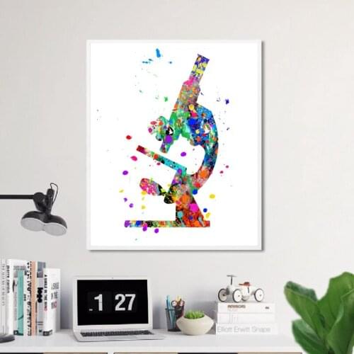 Microscope Watercolor Art Canvas Painting Prints Picture Scientist Gifts Micro Biology Microscope Poster Office Wall Art Decor