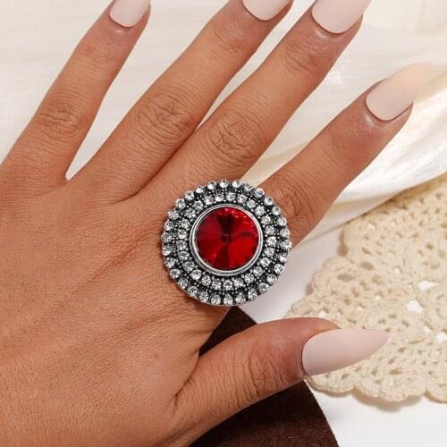 Antique Women Finger Ring Vintage Style Boho Tibetan Round Crystal Red Blue Green Stone Rings for Female Bridal Wedding Jewelry