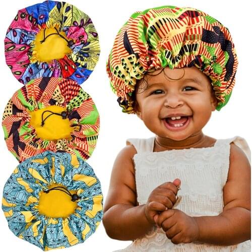 New Kids Soft Adjustable African Print Ankara satin Sleep Turban Hat Night Cap Beanie Chemo Cap Baby Cap For 2-7 Years Children