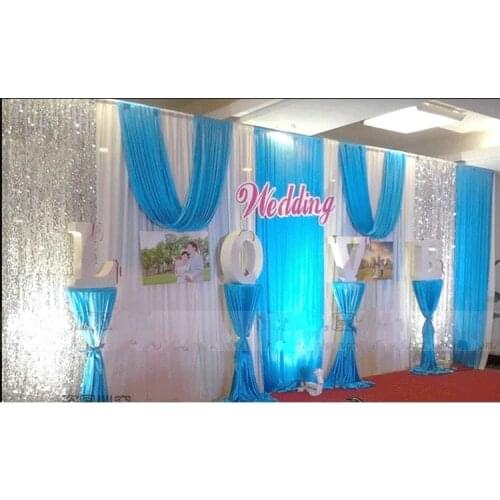 3*6m Wedding Party Ice Silk Fabric Drapery Blue Color With Silver Sequins Swag Stage Prop Fashion Drape Curtain Backdrop