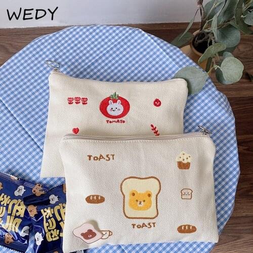 Embroidery Canvas Cosmetic Bag Cute Cartoon Makeup Bag Organizer Necesserie Pouch Women Large Toiletry Bags Girls Beauty Case