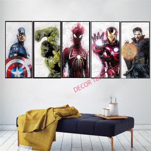 Marvel Watercolor 5 Piece Art Canvas Painting Superhero Wall Print 5 Panel Poster Childrens Bedroom Kids Art Home Decor Unframe