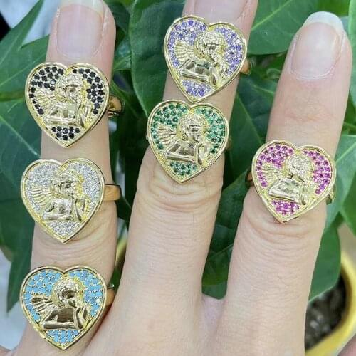 Men Women Ring Cupid Love Heart Open Cuff Round Cubic Zirconia Lady Finger Ring Wedding Engagement Adjustable Gold Silver Color