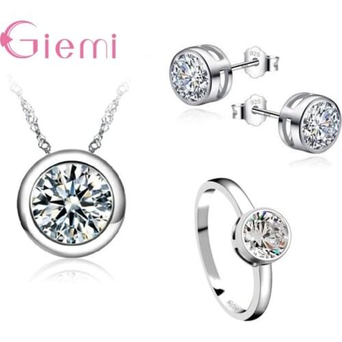 3PCS Female Engagement 925 Sterling Silver Shiny CZ Wedding Necklace/Earring/Ring Jewelry Sets For Women Fashion Jewelry