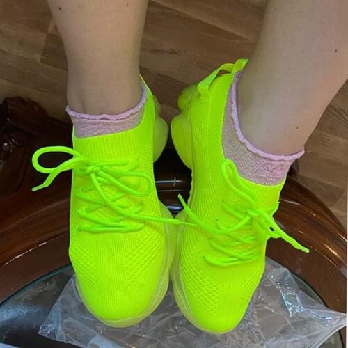 Autumn Sneakers Womens Mesh Flats Breathable Casual Shoes Female Ladies Fluorescent Neon Green Plus Size Sports Shoes 35-40 43