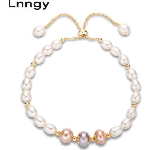 Lnngy 14K Gold Filled Bracelet 6-7mm Natural Freshwater Pearl Charm Bracelet Women Adjustable Bracelet Anniversary Jewelry Gifts