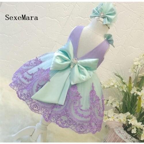 Cute Purple Baby Girls First Birthday Dress O Neck Bow Girls Christmas Dress Party Pageant New Year Dress Photography