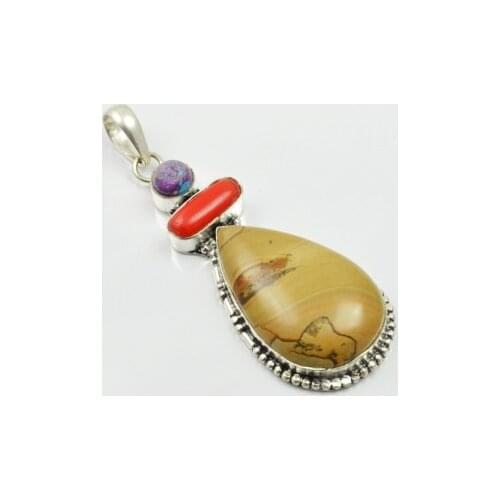 Mookaite & Coral & Mosaic Jaspers Pendant Silver Overlay over Copper , 70 mm, P2477