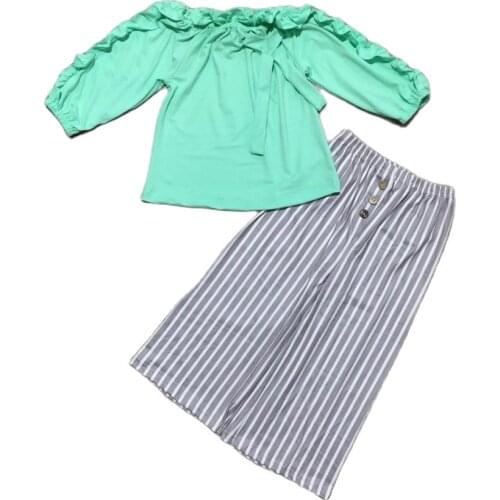 Girlymax Fall/Winter 2 Colors Baby Girls Mint Coral Ruffles Top Boutique Outfits Stripe Pants Set Kids Clothing