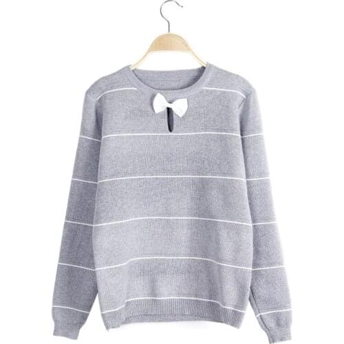 2021 Fall Winter Sweater Women New Stripe Bottoming Shirt Hollow Bow Sweaters Slim Temperament Student Clothing Vestidos MMY209