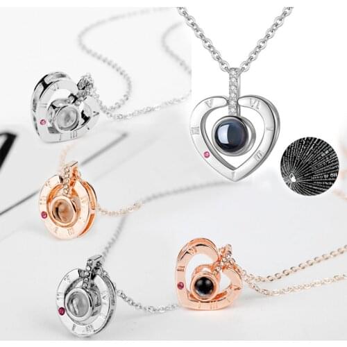 Rose Gold 100 Languages I Love You Projection Pendant Necklace for women Jewelry Love Memory Wedding Necklace Valentines Day