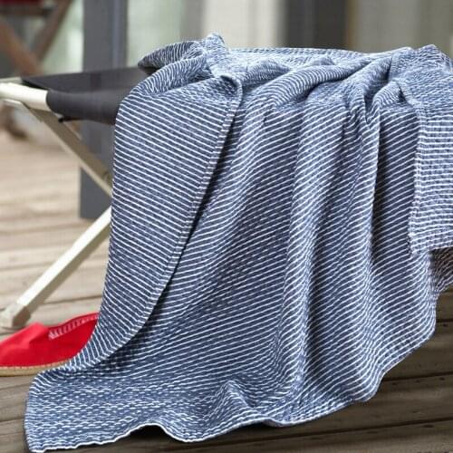 Luxury knitted cotton yarn dyed stripes blanket/bedspread/throws/blue/pink/beige for bedroom/travel/picnic/bath