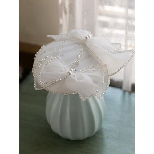 Fairy White Double Bows Fascinator Hat Pearl Beading Wedding Headwear French Elegant Ladies Chruch Cocktail Fancy Show Headdress