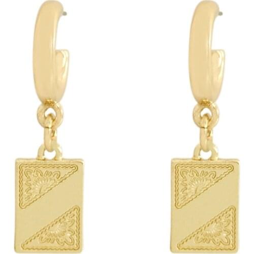 Trendy Gold Color Plating Catercorner Engraved Textured Square Charm Drop Earrings For Women Girl Chic Unique Lovely Jewelry