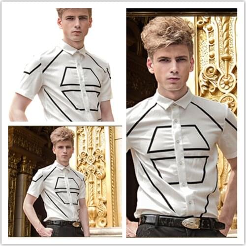 FANZHUAN Free Shipping New male fashion Mens Mens Palace summer White geometric pattern Short Sleeved slim shirt 14333