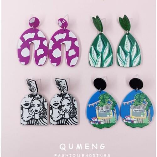 QUMENG 2020 Korean New Original Fashion Printed Acrylic Pendants Earrings Colored Flowers And Green Leaf Jewelry For Women