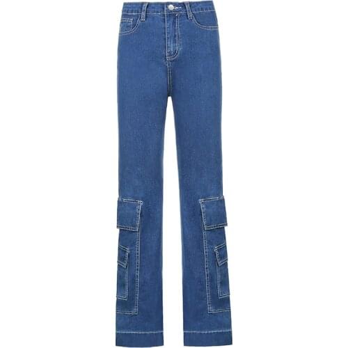 2021 Blue Baggy Jeans Women Spring Casual Loose High Waist Wide Leg Pants Woman Vintage Big Pocket Straight Jeans