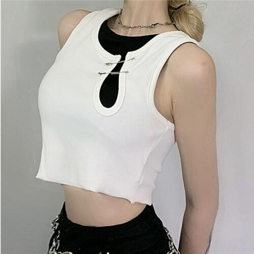 Fake-two-pieces Lady Harajuku Short Length Camisole Black White Girl Gothic Basic Camis O Neck Pin Sexy Slim Streetwear Cool Top