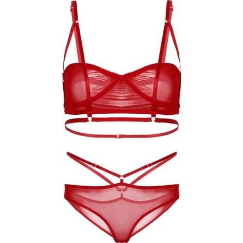 Women Sexy Erotic Hot See Through Sheer Mesh Lingerie Set Body Bondage Harness Bra Top with High Waist Briefs Underwear Panties