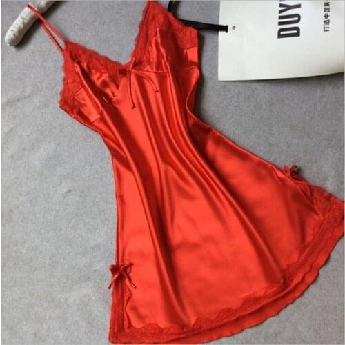 Women Satin Sexy Bowknot Lace Lingerie Babydoll V-neck Sleepdress Cotton Blend Underwear Femme Pajama
