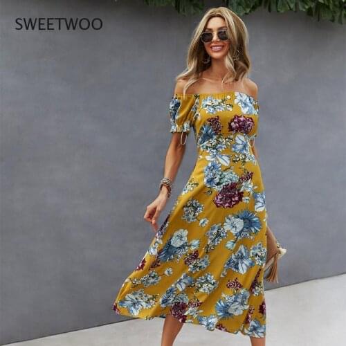 New Womens Dress with One-Shoulder Temperament and Elegant Bohemian Style Dress 2021 Summer Print Big Swing Dress