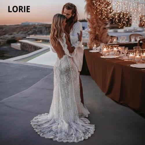 LORIE Bohemian Wedding Dresses Lace V-Neck Elegant Wedding Gown Boho Beach Bridal Dress Long Sleeves Open Back vestido novia