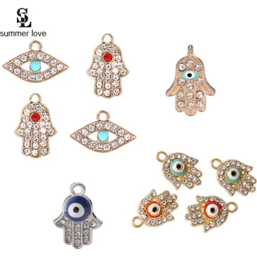 10pcs Alloy Enamel Crystal Blue Eye Charms Lucky Turkish Hamsa Hand Pendant for Diy Necklace Bracelet Earring Jewelry Making