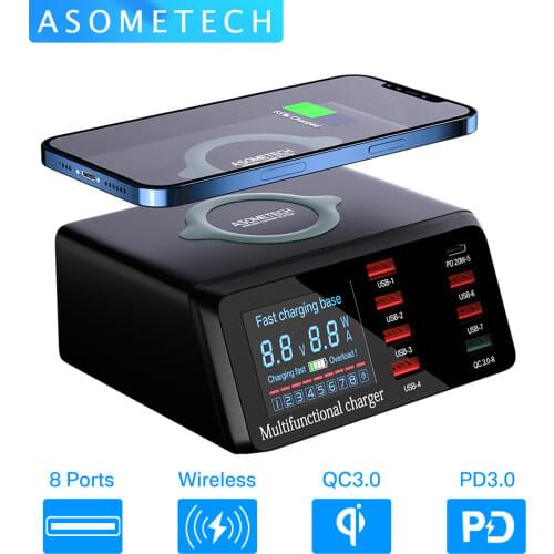 100W Multi USB Charger Hub PD Quick Charge 3.0 Qi Wireless Charger 8 USB Ports Fast Charging Station for iPhone Samsung Huawei