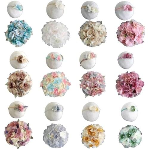 2 Pcs Newborn Photography Props Baby Hair Band Round Flower Cushion Set Headband Costume Kit for Infants Photo Shooting