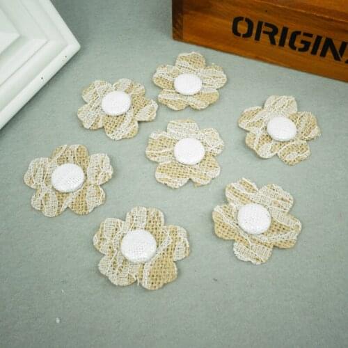 50pcs handmade burlap hessian flower with lace rustic wedding decoration new year baby shower DIY craft supplies