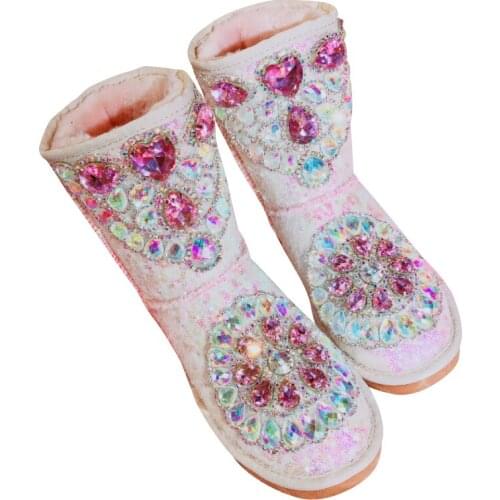 Glitter Squins Warm Fur Snow Boots For Women Bling AB Diamonds Crystals Mid-Calf Flat Boots Non-Slip Outdoor Plush Winter Shoes
