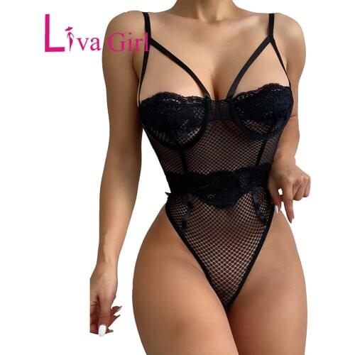 LIVA GIRL Woman 2021 Sexy Lace Splicing Mesh Bodysuit Female See-through Patchwork Button Bodycon Jumpsuit Bedtime Slim Tops S-L
