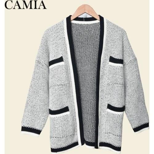 CAMIA sweater womenColor Contrast Front Pocket Looseness Lazy Fashion Sweater cardigan women