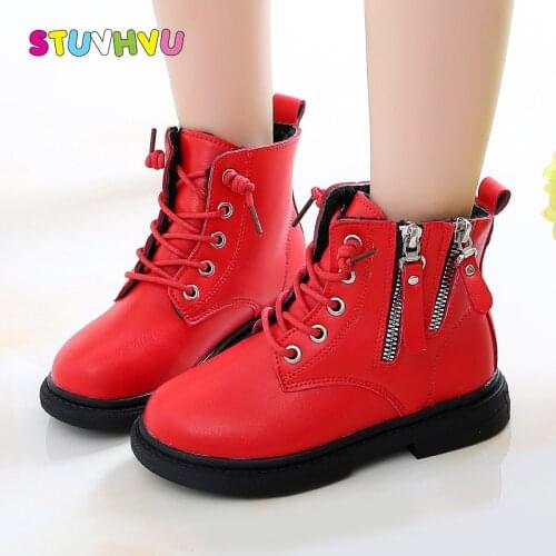 Childrens Martin Boots 2021 Autumn and Winter Leather Girls Boots Plus Velvet Warm Boys Shoes Zipper Kids Short Boot Size 26-37