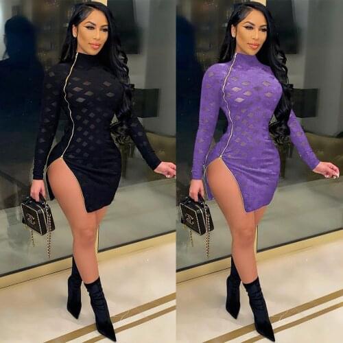 Echoine Hollow Out Side Zipper Bandage Mini Dress Women Turtleneck Long Sleeve High Split Nightclub Dresses 2021 Spring Vestidos