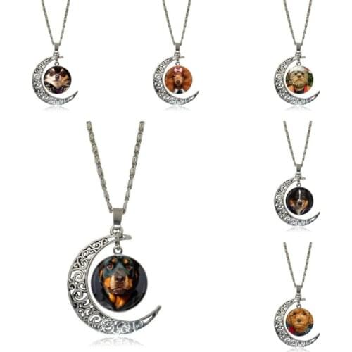 EJ Glaze Cute Dog For Girls Best Gift Vintage Jewelry Silver Color Glass Cabochon Choker Crescent Moon Pendant Long Necklace