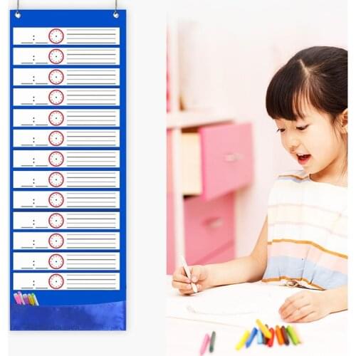 Daily Schedule Blue Pocket Chart Double-Sided Reusable Dry-Erase Cards For Office Easy Mounting Space Saving Home Standard