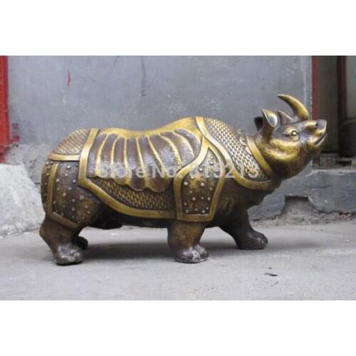 Bi00771 17"China Bronze gilt Full Scale Mail Protection two horned rhinoceros OX Statue