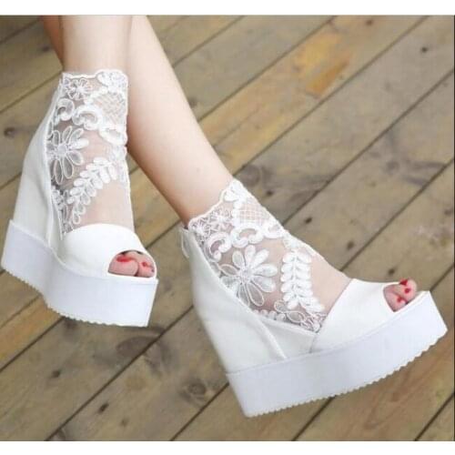 White Lace Summer Style Women Wedge Sandals Fashion Concise Open Toe Platform High Heels Women Sandals Ladies Casual Shoes