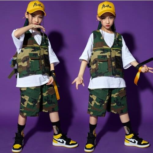 Fashion Camouflage Dance Costume Hip Hop Kids Wear Vest Shorts Summer Jazz Street Dancing Performance Clothing Girls Boys BL6516