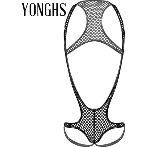 Mens Lingerie Patent Leather Fishnet Singlet Wrestling Bodysuit Edges Club Dance Performance Costume Hollow Out Sexy Sleepwear