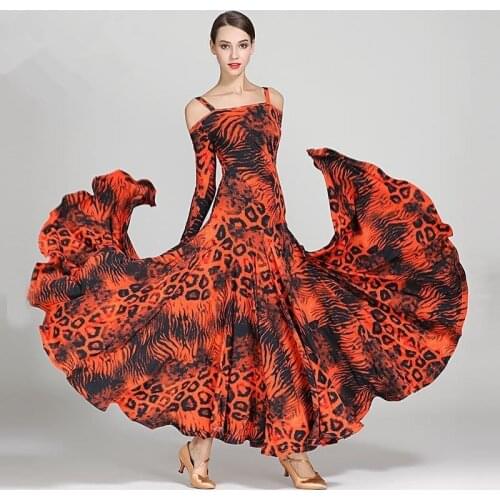 2019 New Leopard Modern Dance Dress Sexy Off-shoulder Long Sleeve Waltz Tango Spanish Flamenco Dress Standard Ballroom Dresses