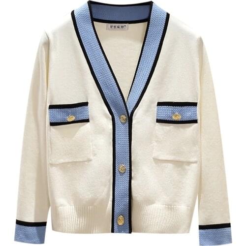 Autumn Winter Luxury Knitted Sweater For Women V Neck Contrast Color Buttons Knitted Cardigan Sweater